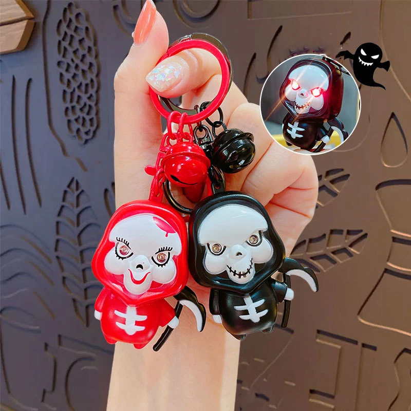 

Figures Toy Cartoon Halloween Ghost LED Light-Emitting Sound Key Chain Charm Skull Creative Small Gift Bag Key Wallet Pendant