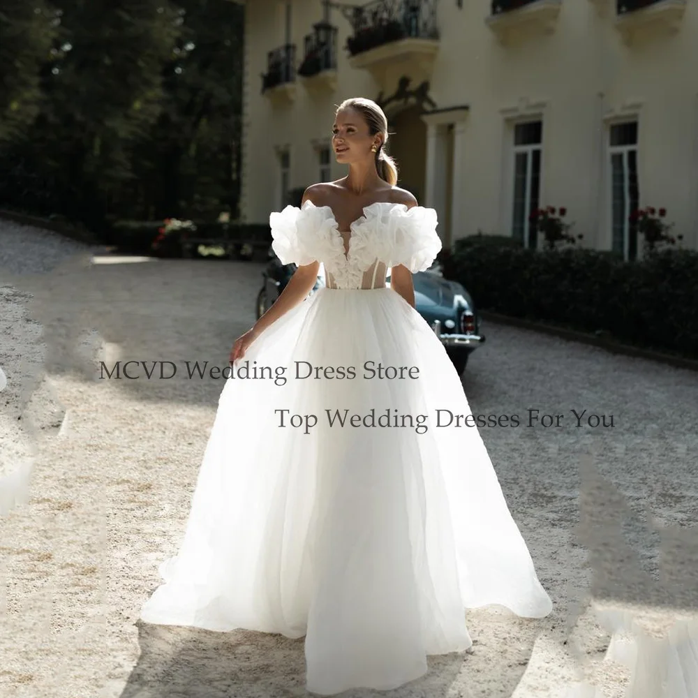 

MCDV Elegant Wedding Dress 2025 V-Neck Open Back Off The Shoulder Bridal Gown Vestidos De Novia 2025 Customized A-Line Tulle