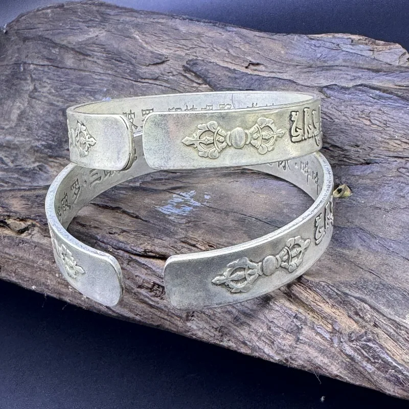 Vintage Old Silver Tone Open Cuff Bangle, Carved Tibetan Script Ethnic Retro Statement Wrist Jewelry