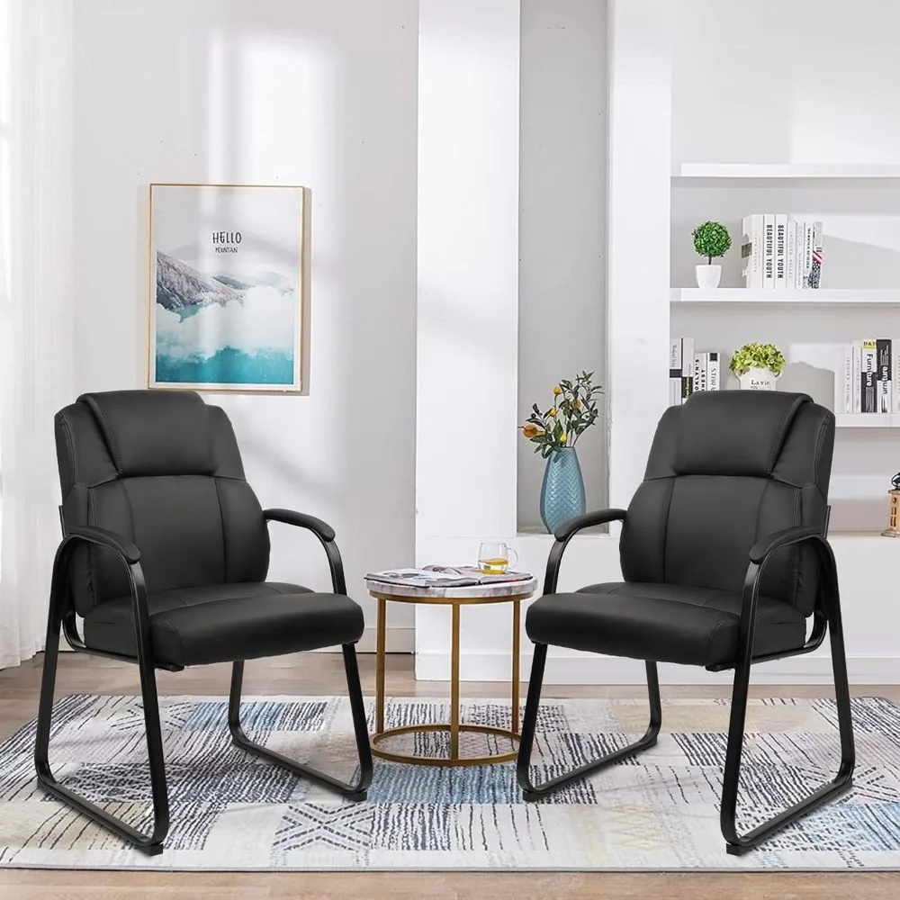 Leather Guest Chair with Padded Armrest, Sled Base, Black, 2 Pack for Office Waiting Room