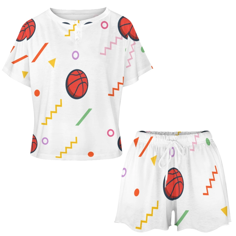 Basketball Pattern Women's 2-Piece Button Down Short Sleeve Button Front Sleepwear Loungewear PJ Set Summer Home Suit