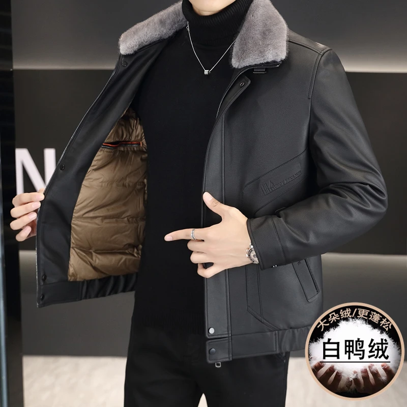 Alta qualidade 2024 inverno masculino preto casual couro do plutônio pato para baixo jaquetas streetwear à prova de vento quente topos gola pele puffer casacos