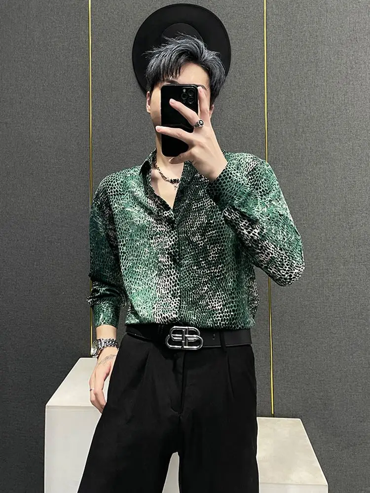 Men's Snake Print Shirt Long Sleeve Ice Silk Breathable Floral Design Drapey Casual Summer Top