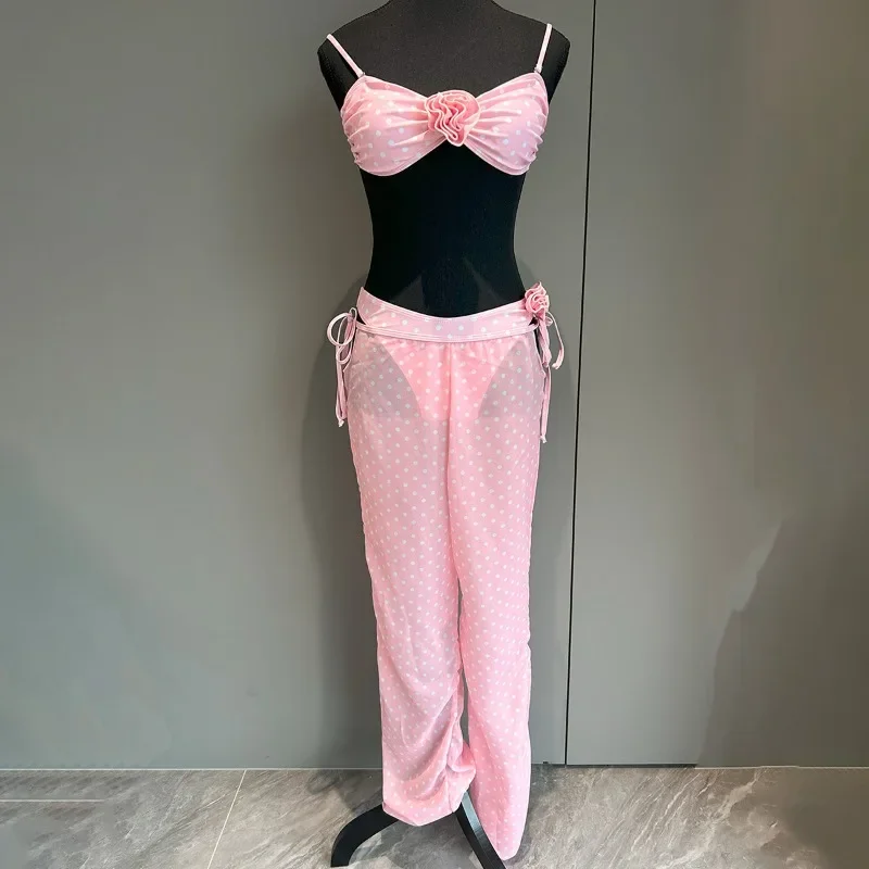 

3D Flowers Polka Dots Print Holiday Beach 3 Piece Set Women Sexy Camis Bra + Panties + See Through Mesh Wide Leg Pants Suits