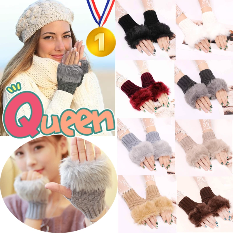 新しい女性の秋冬保温ぬいぐるみニットウールスプライシングハーフフィンガーグローブかわいい素敵なスウィーティースムーズソフトライティングドライブ