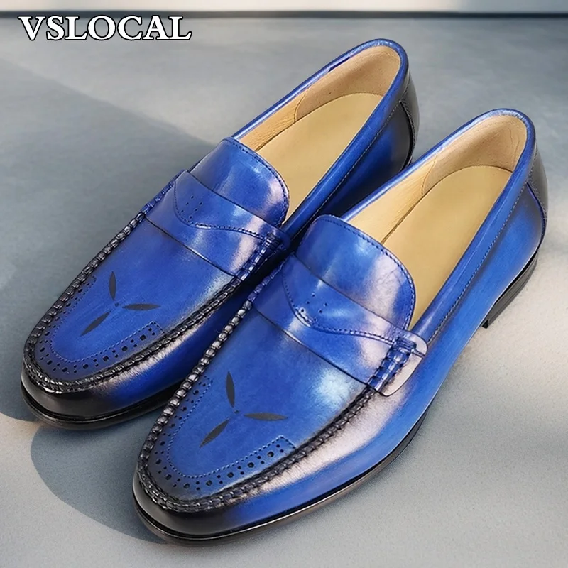 

Luxury Men Loafers Shoes Blue Brown Slip On Casual Mens Dress Shoes Wedding Office Banquet Genuine Leather Shoes For Men