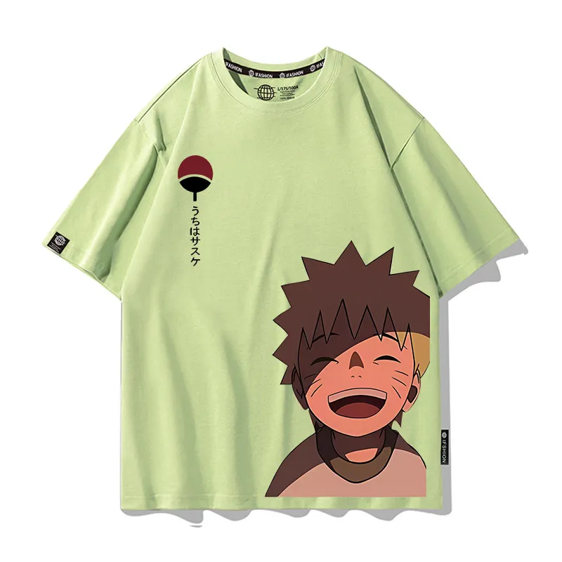 New Green Children's T-shirt Korean Trendy Brand Naruto Co Branded 100% Cotton Cartoon Printed Parent Child Casual T-shirt