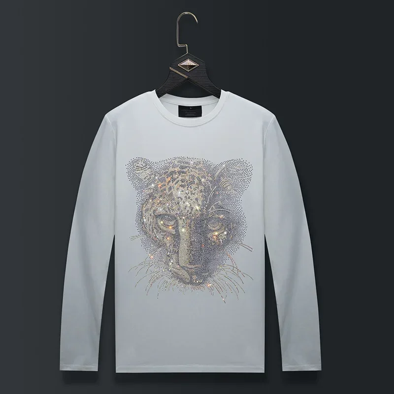 Plus Size Rhinestones Leopard T Shirts Men Top Fashion Streetwear O Neck Long Sleeve Slim Modal Cotton Tshirts Mens Clothing