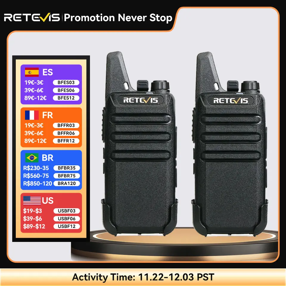 RETEVIS 2 pcs Mini Walkie Talkie PMR 446 Portable Two-way Radio ht PTT Walkie-talkies RT622 Portable Radio for Hunting Cafe RT22