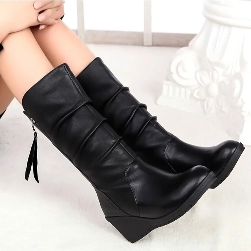 Zapatos Autumn Winter Anti Slip Slope Heel Women Boot Casual Mid Tube Warm Snow Boot English Chelsea Boot Large Women Shoes