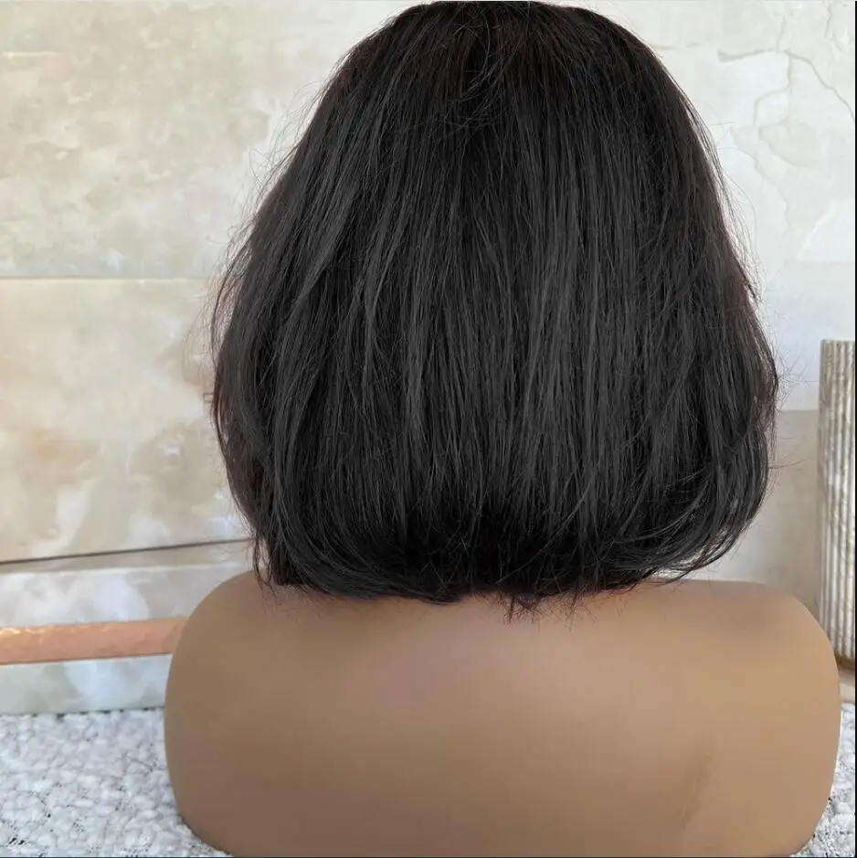 Perucas dianteiras do laço sintético para mulheres negras, cabelo do bebê, cabelo pre-arrancado, natural do bebê, Bob reto sedoso, 180 densidade, 16"