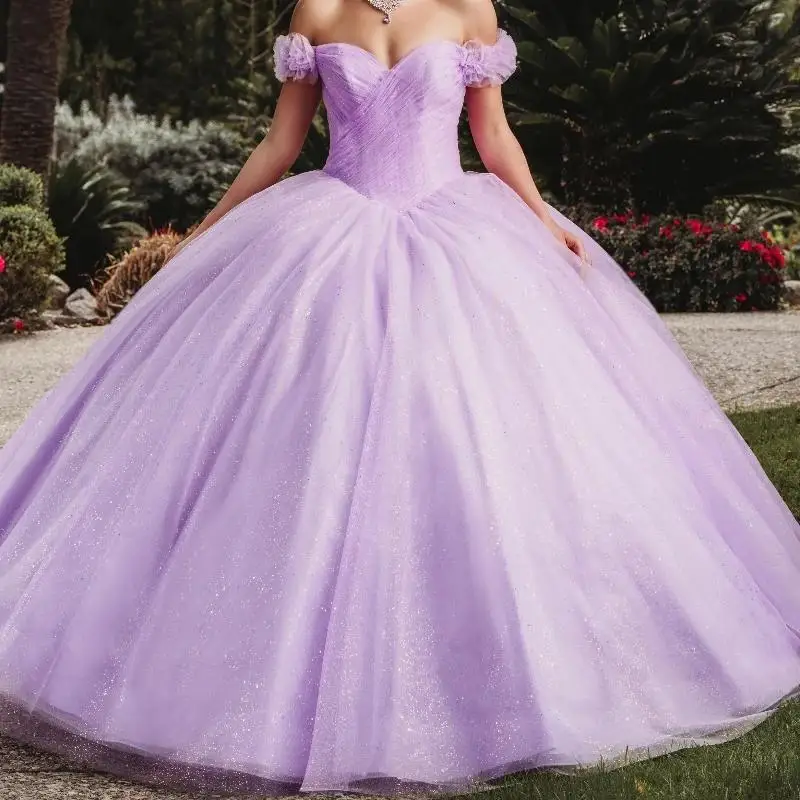 

Lilac Shiny Quinceanera Dresses Ball Gown Off The Shoulder Birthday Party Bow Tull Tiered Corset Sweet 16 Dress Vestido De 15