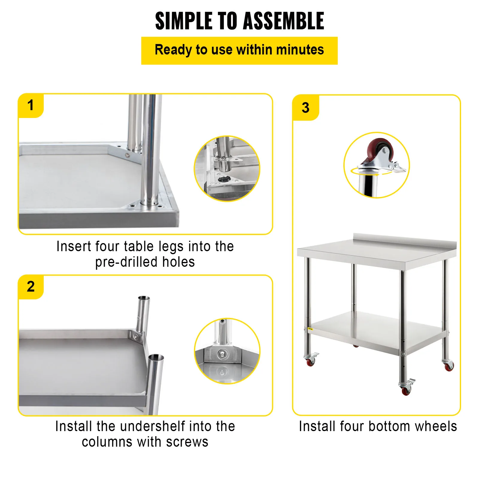 VEVOR Carro de Trabajo 91,4 x 61 x 89 cm Mesa de Trabajo de Acero Inoxidable, Capacidad de Carga de 440 libras Mesa de Preparación de Acero Inoxidable, Estante Ajustable de 3 Niveles con 4 Ruedas