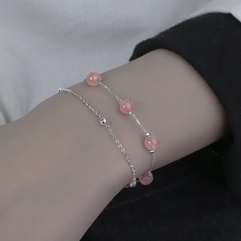 Natural Strawberry Pink Crystal  Bead Charm Double layer Bracelet for Female Simple and Cute Bracelets Bangles