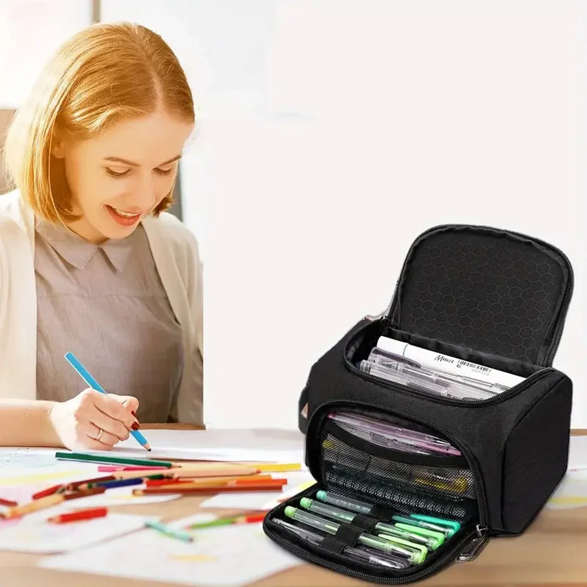 Extra-Large Multi-Purpose Pencil Case Durable Polyester Spacious Organizer for School Supplies & Makeup Portable Design forTeens