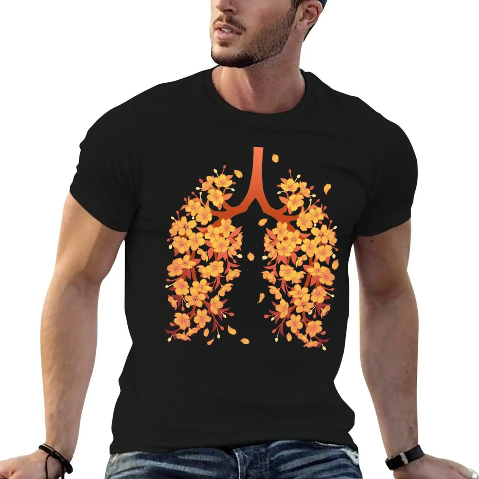 Golden Yellow Sakura Hanahaki cherry blossom floral lungs on black T-Shirt Soft Durable Cotton T-Shirt
