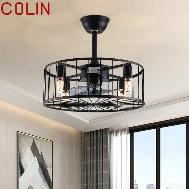 COLIN  American Ceiling Fans Lights Black LED Lamp With Remote Control for Home Bedroom Dining Room Loft Retro