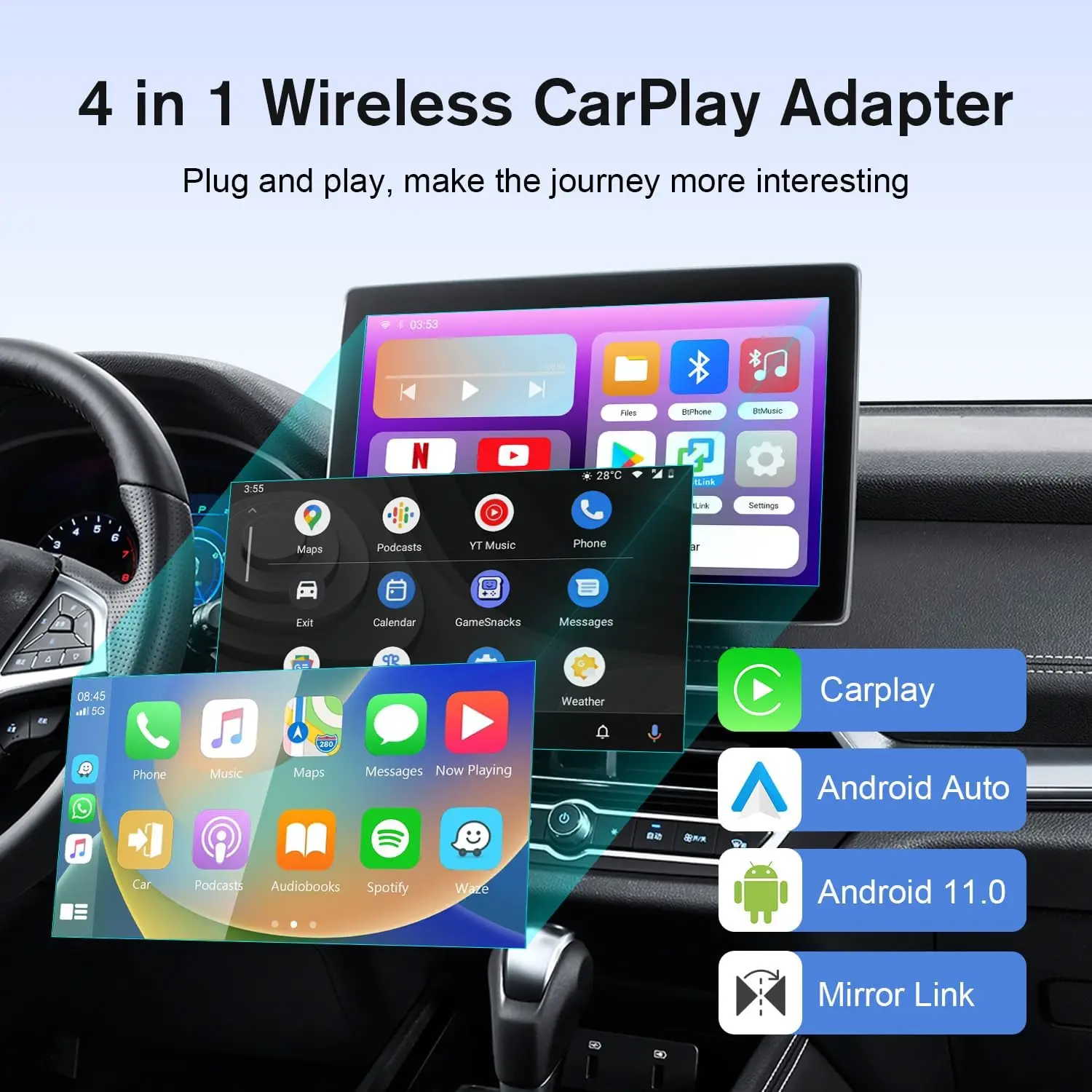 Carplay AI Box Android 11 Android Auto Wireless Carplay Adapter QCM2290 2GB+16GB For Netflix Youtube Volvo Kia Mazda Benz Audi