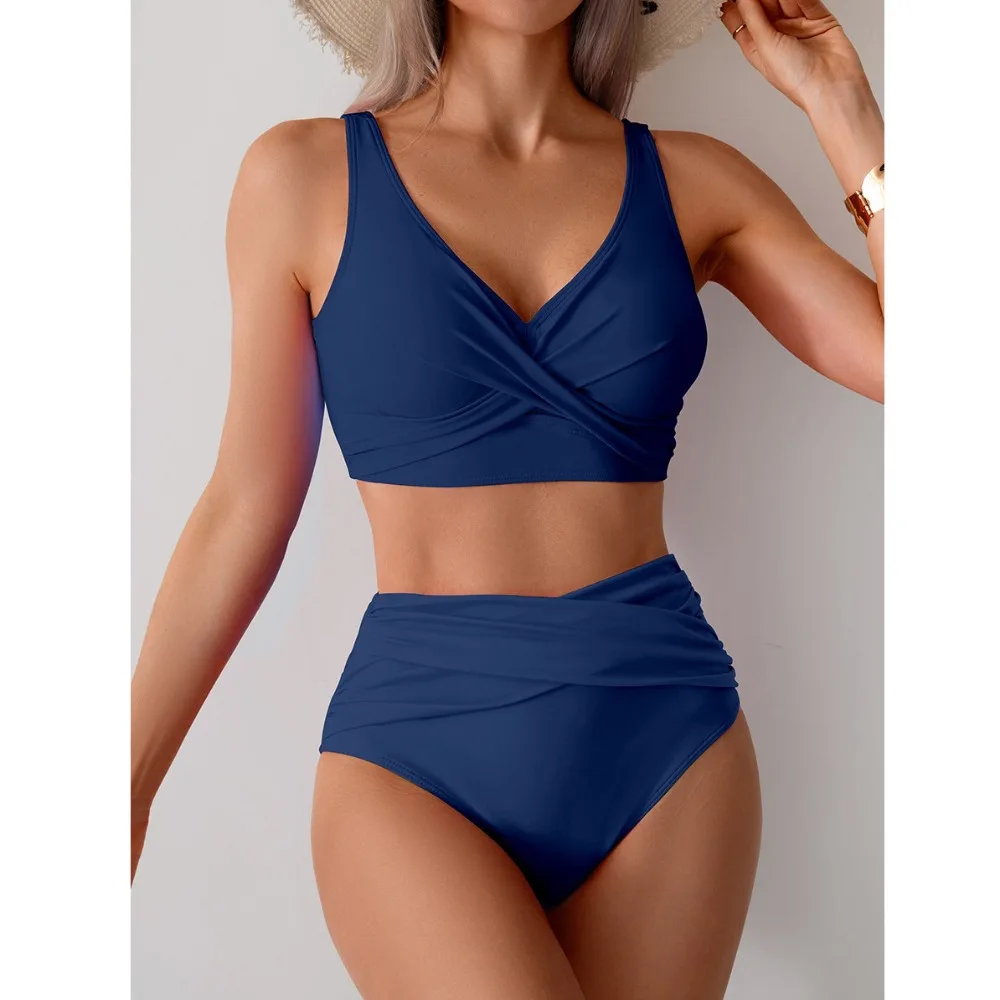 2Pcs/Set Fashion High Waist Summer Swimwear Cross Push Up Casual Swimsuit Vacation Strapped Bathing Suit for Women Beach