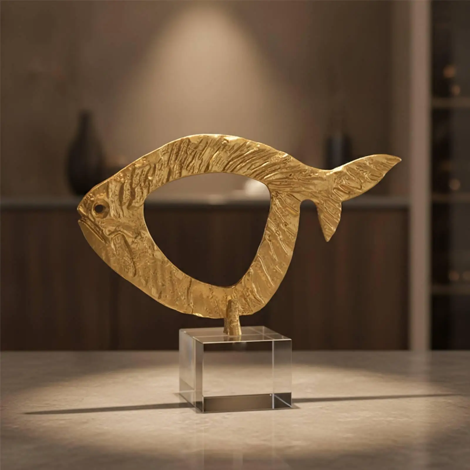 Fish Statue with Crystal Gilded Fish Sculpture Metal Tabletop Decoration for Homeowners, Art Collectors, Living Room, Office