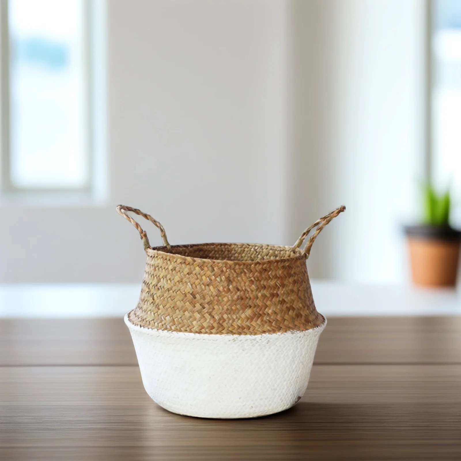

Woven Flower Basket Metal Storage Basket for Home Office Decor White Bottom Multifunctional Plant Holder Seagrass Style