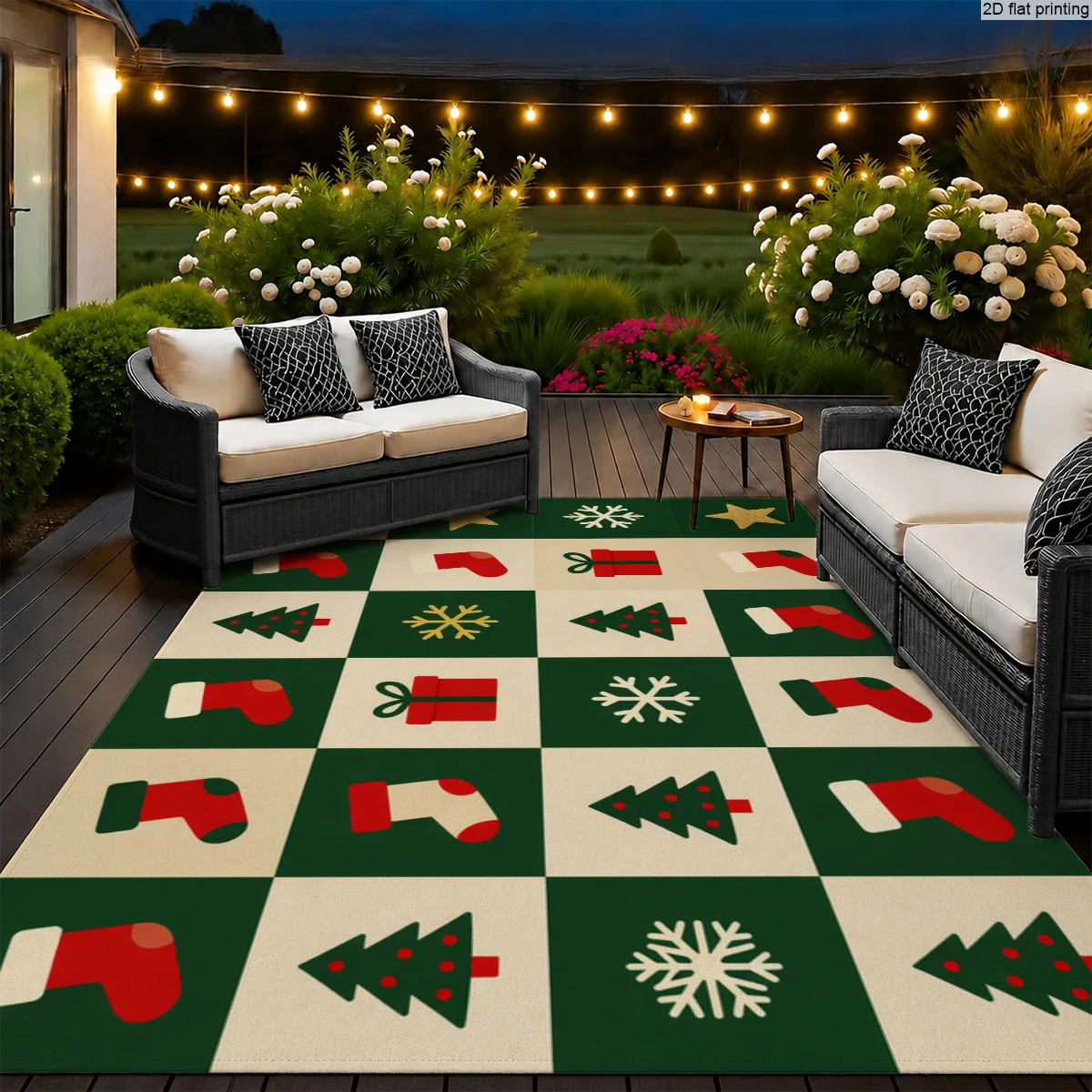 1pc Large Themed Area Rug, Green Beige Plaid with Red Stockings, Trees, Gift Boxes & Snowflakes, for Patio, Living Room