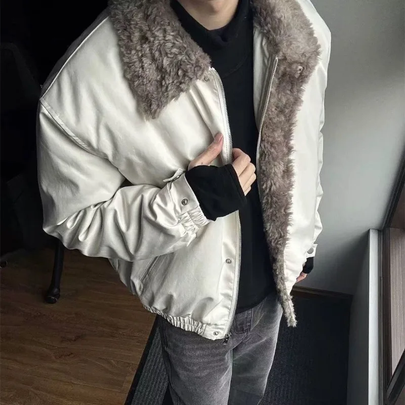 Mens Jacket Harajuku Winter Warm Fleece Fur Collar Cotton Coat American Style Thick Padded Outerwear Casual Streetwear Fashion