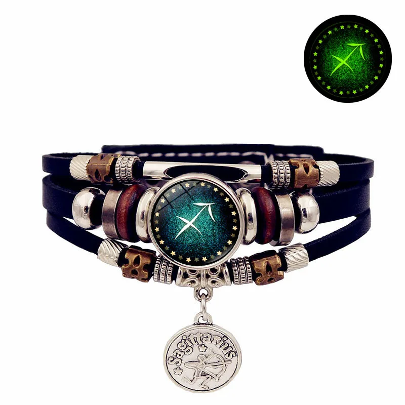 Starry Sky Zodiac Luminous Leather Bracelet Multi-layered Beaded Leather Men's Snap Closure Women Bracelet Friendship Bracelets