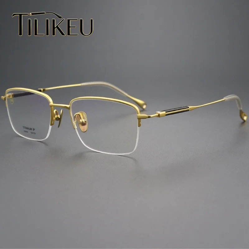

2026 Luxury Bright Gold Pure Titanium Glasses Frame Men's Frameless Eyewear Business Retro Ox Horn Design Women Eyeglasses Frame