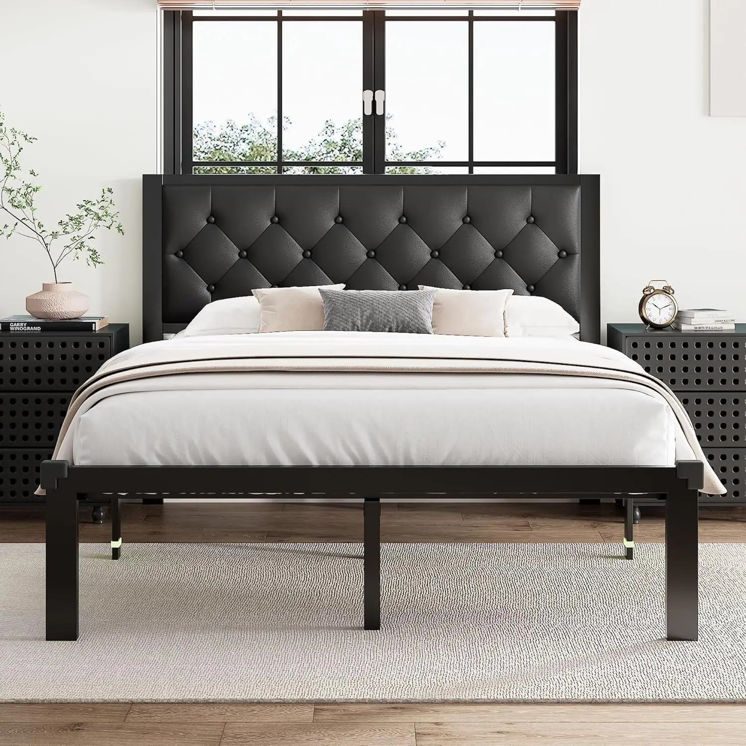 

Queen Size Bed Platform Frame, with Button Cluster Artificial Leather Headboard, Sturdy Steel Bars, Frameless Springs
