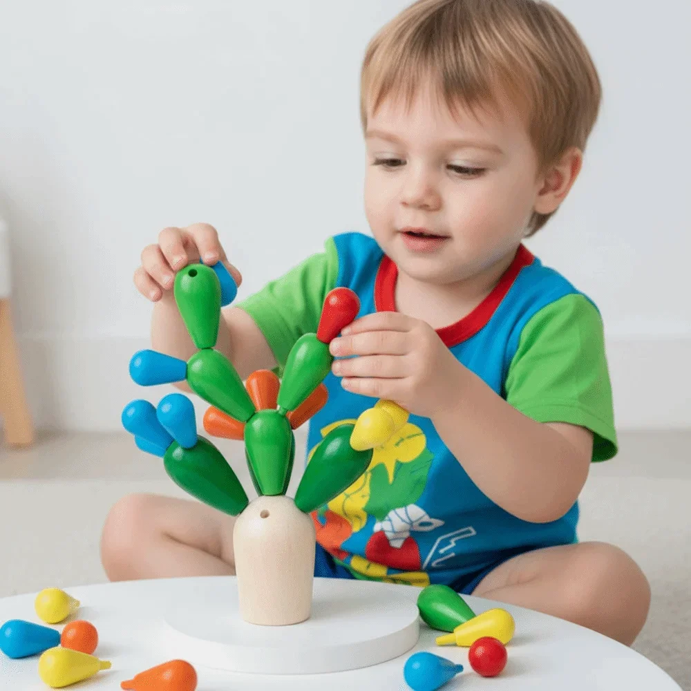 Colorful Cactus Wooden Building Blocks, Durable & Drop-resistant Educational Puzzle Toys for Kids & Toddlers