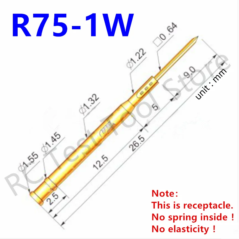 

100PCS R75-1W Test Pin P75-B1 Receptacle Brass Tube Needle Sleeve Seat Wire-wrap Probe Sleeve Length 26.5mm Outer Dia 1.32mm