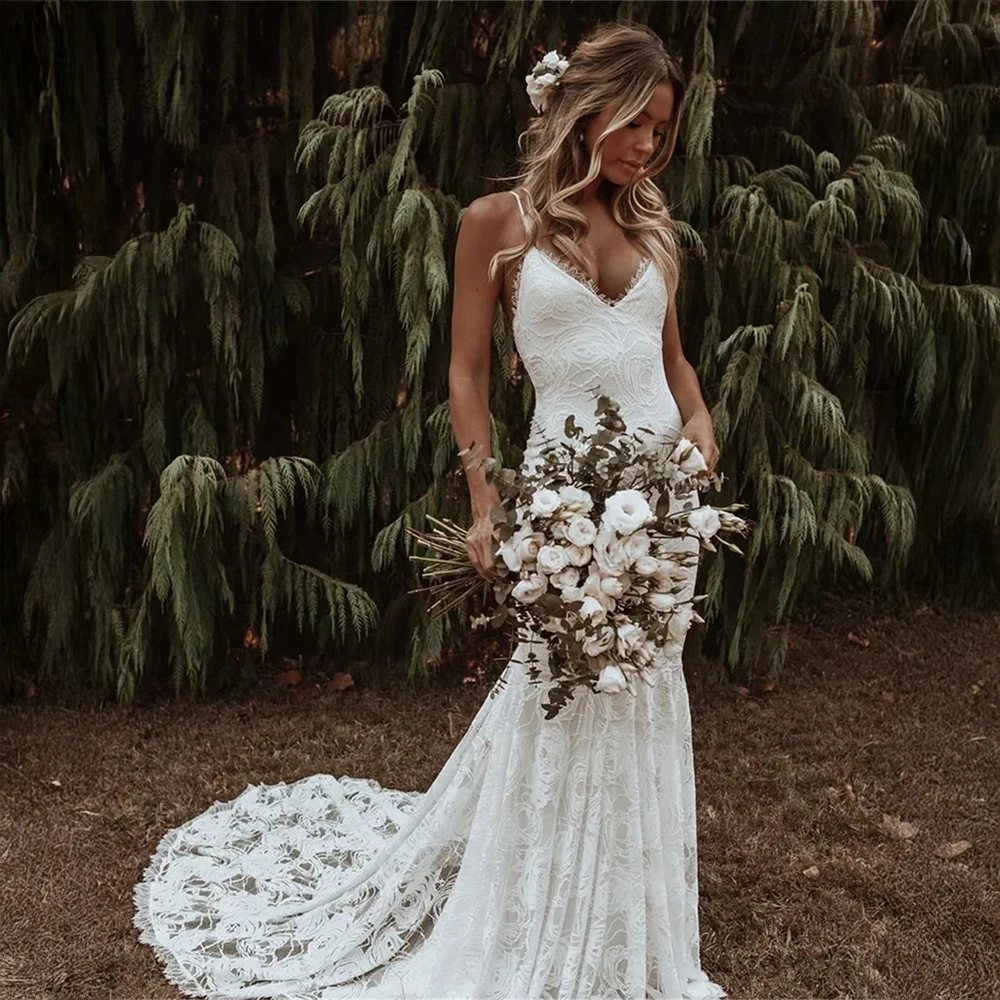 تخصيص السباغيتي حزام الدانتيل حورية البحر فستان الزفاف العميق الخامس الرقبة فستان الزفاف مع قطار طويل ل بوهو العرائس ثوب الزفاف
