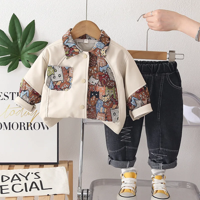 Kids Clothing 2026 Spring Autumn Baby Boy Clothes 0-5T Cute Cartoon Patchwork PU Leater Coat and Pants Two Piece Boys Outfit Set