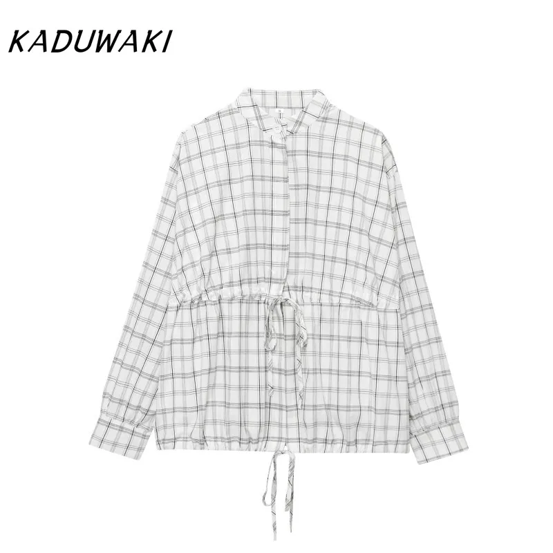 

KADUWAKI Spring/Autumn Y2k Loose Women's Long-sleeved Plaid Jackets Leisure Style Drawstring Lace Up Single Breasted Blouses Top