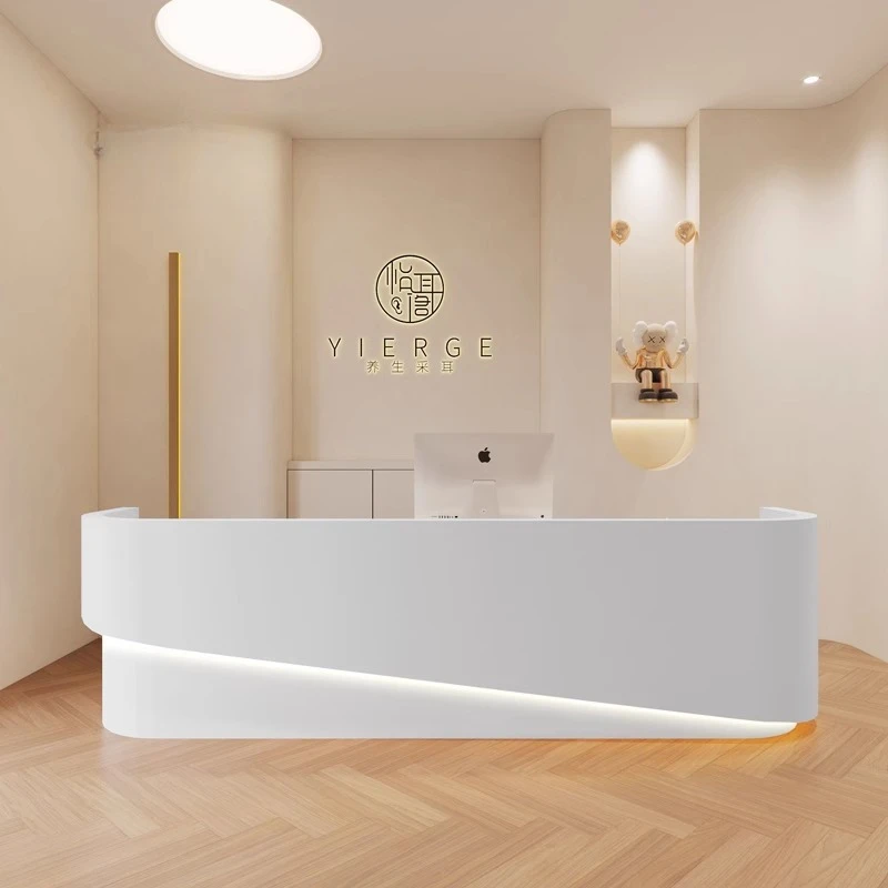 

Front Action Reception Desk Wood Spa Salon Pharmacy Beauty Reception Desk Bar Interior Comptoir Caisse Commercial Furniture