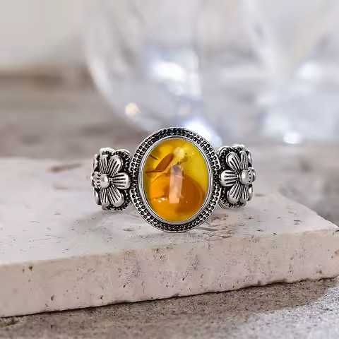 Certified Sterling Silver 925 Petal Amber Ring with Yellow Oval Natural Stone Ring Flower Jewelry Vintage Rings for Women Men