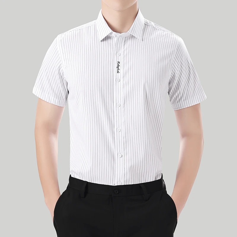 Camisa polo listra de seda gelo masculina com gola polo, manga curta, solta, de peito único, simples, casual, de negócios, moda verão