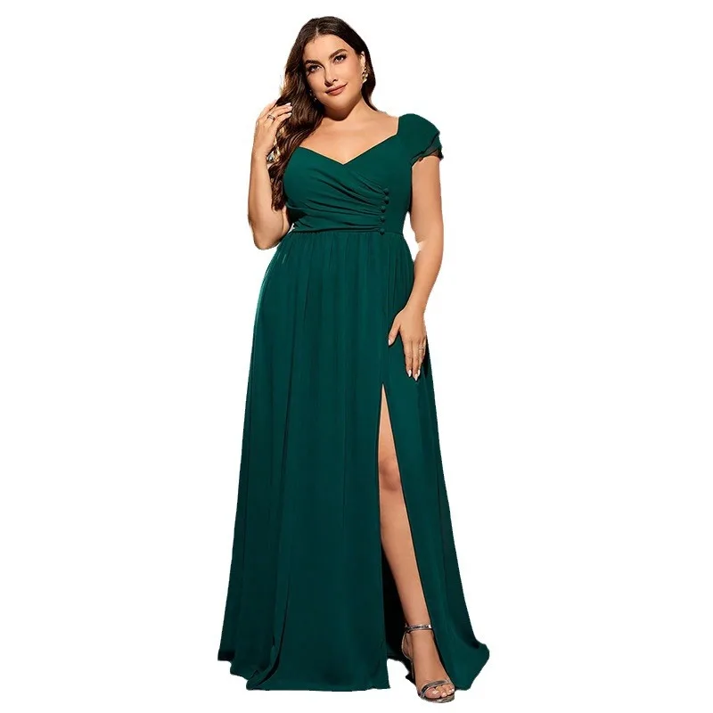 

Sexy Double V-neck Ruched High Split Chiffon Long Formal Evening Dress Green