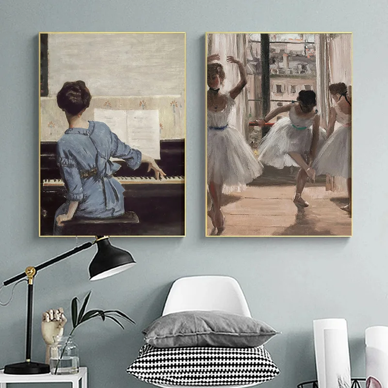 Cuadro Vintage Antiguo Francés: Mujer Bailarina en Máscara Tocando Piano y Leyendo, Impresión en Lienzo para Decoración del Hogar/Habitación