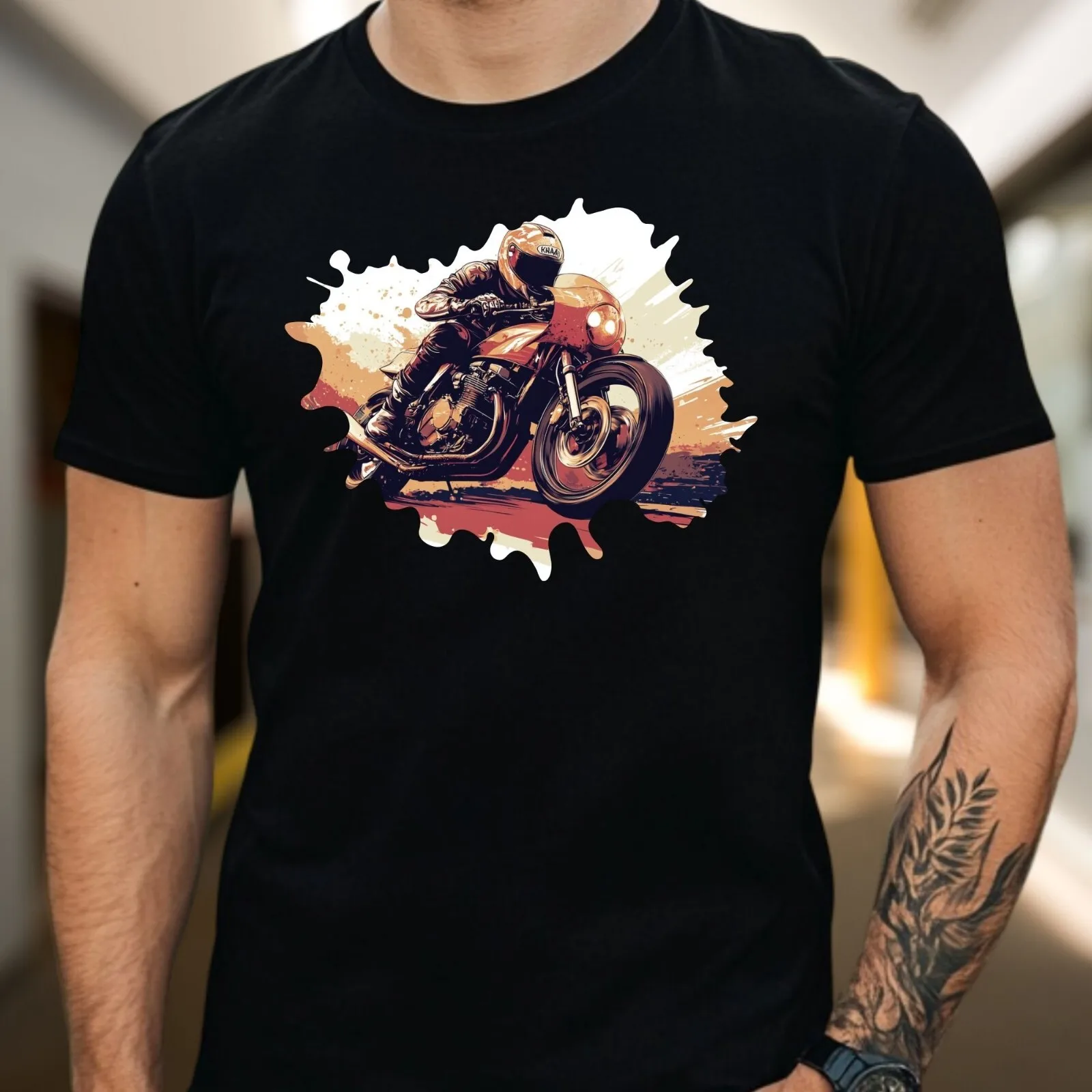 

Mens Motorcycle Racer Motif Cotton T-Shirt
