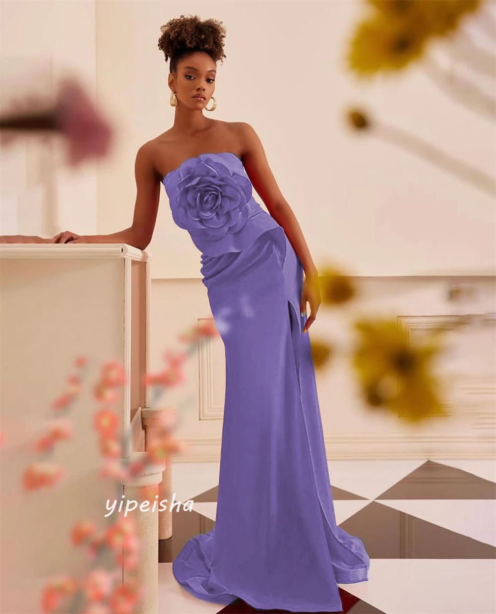 Satin Flower Evening Mermaid Strapless Bespoke Occasion  Floor Length Saudi Arabia