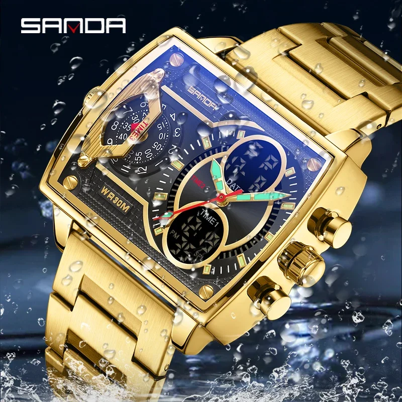 SANDA Man's Watches Fashion Square Large Dial Unique Pattern Sports Waterproof Multifunctional Student Electronic Watch For Men
