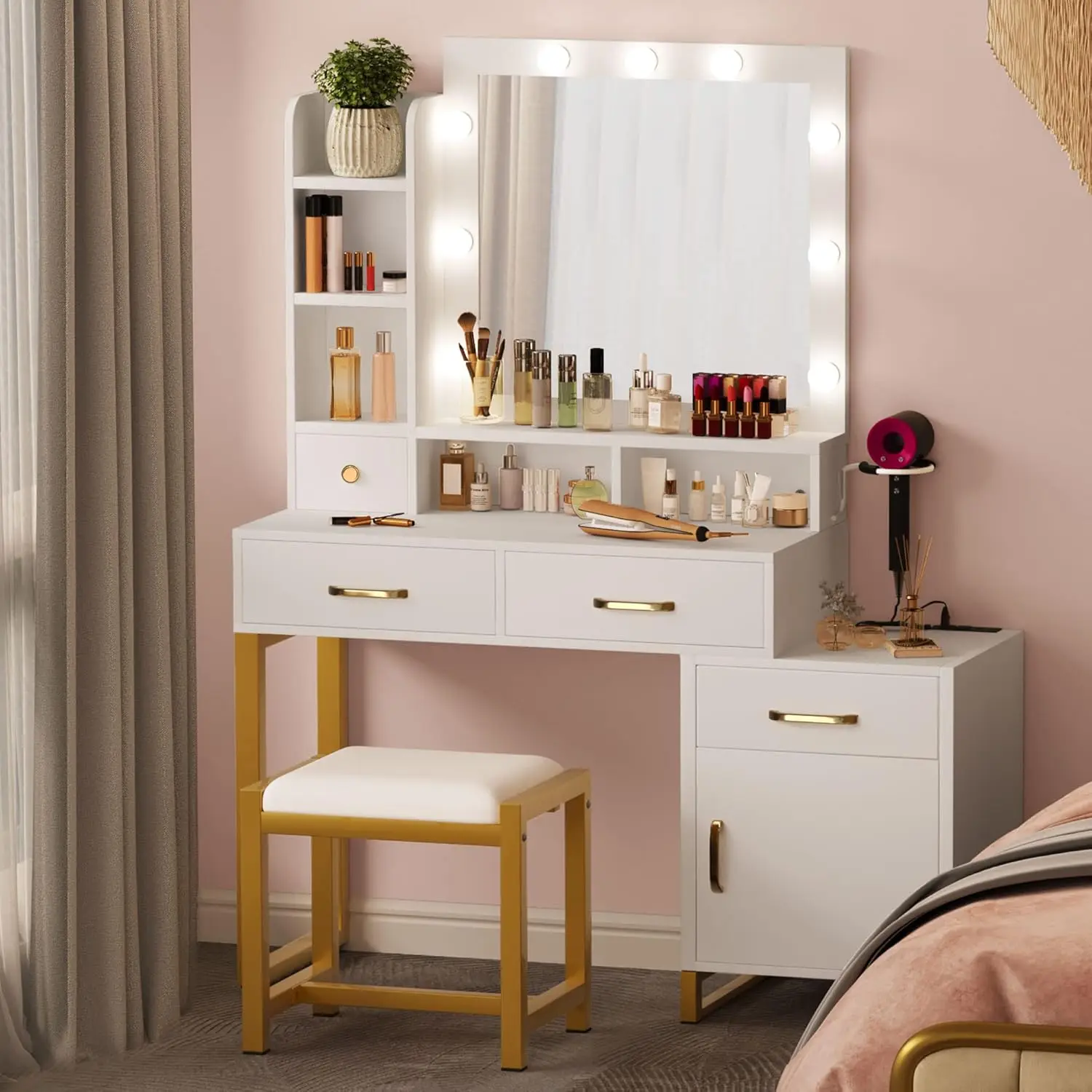 

DWVO Makeup Vanity Set with LED Mirror and Charging Station, Vanity Desk with Adjustable Lighting, Drawers, Cushioned Stool, Dre