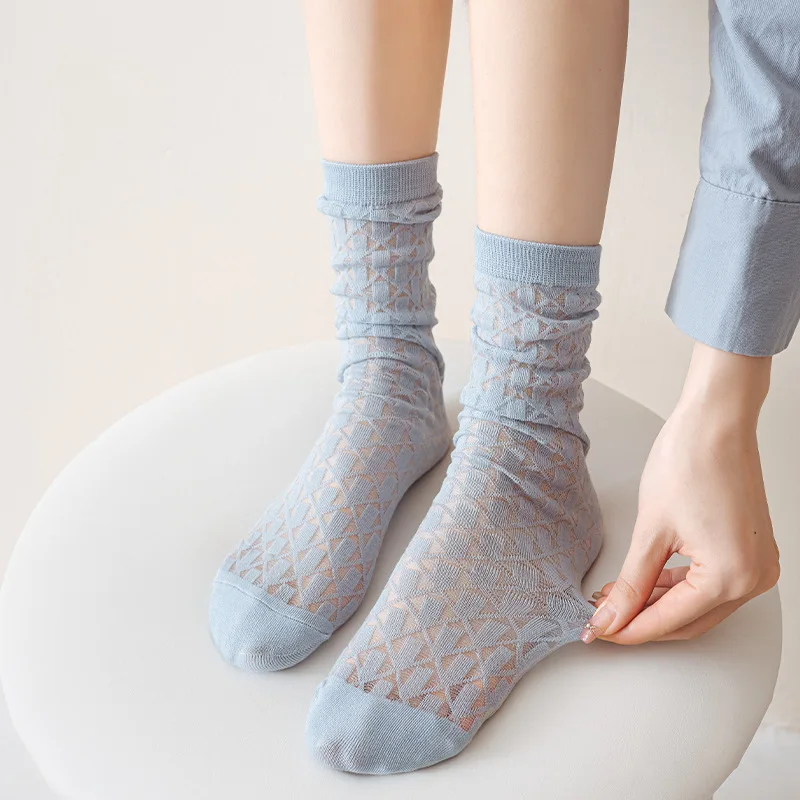 Summer Thin Women Socks Hollow Out Mesh Breathable Lace Socks JK Japanese Style Solid Color School Girls Kawaii Loose Long Socks