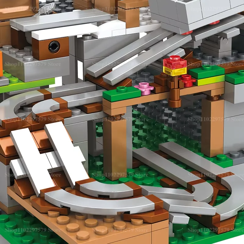 600PCS+ Building Village Tree House Waterfall Dig Mine Shaft Monster Railway Ore Car Building Blocks Toys For Kid Birthday Gifts