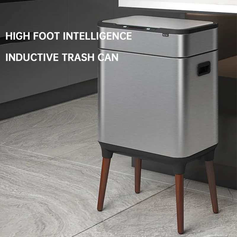 Home Smart Trash Can Stainless Steel Rectangle Trash Bin High Foot Rubbish Bin Kitchen Sorting Garbage Can Automatic Waste Bin