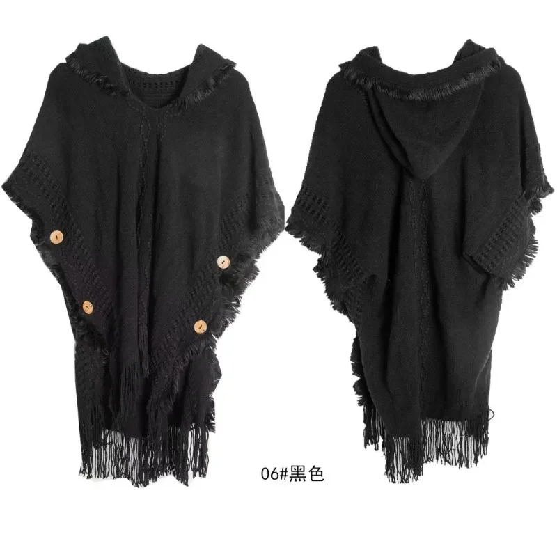 Women Chic Bohemian Tassel Hooded Capes Solid Colors Tassel Knit Sweaters New Warm Autumn Winter Capes Long Sleeve Indie Ponchos