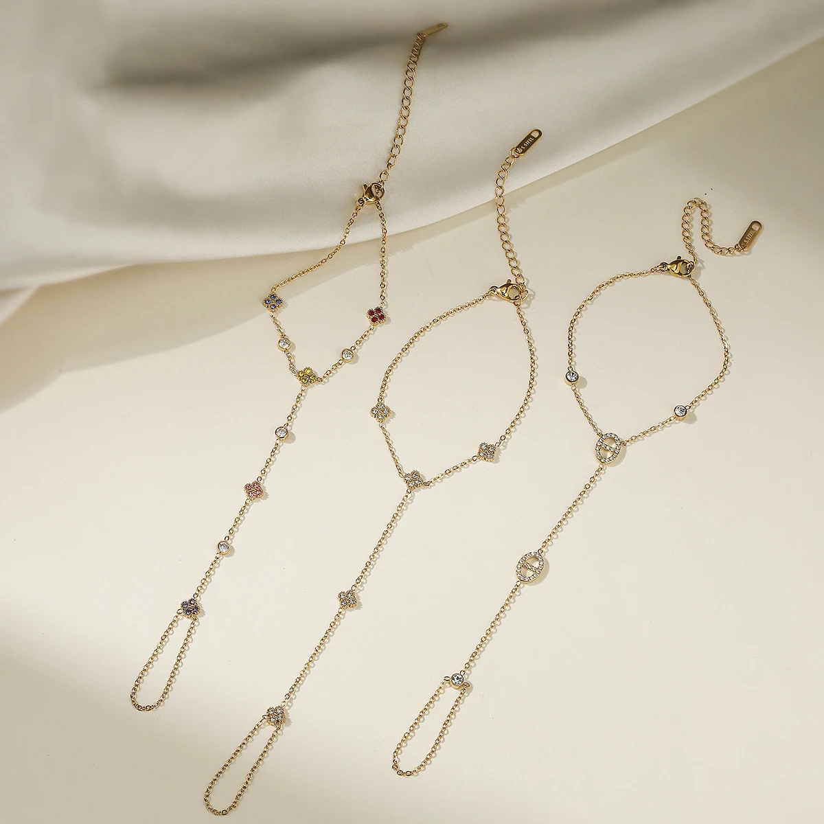 316L Stainless Steel Multi CZ Charm Hand Chain Ring Bracelet Connected Finger Bracelet Waterproof Minimal Elegant Women Jewelry