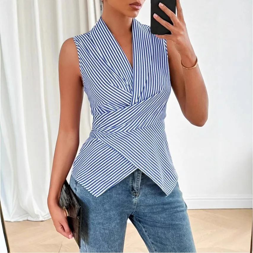 

Женская полосатая рубашка с v-образным вырезом и пуговицами, драпировка, свободная посадка, летняя модная повседневная одежда для детей 8–25 лет